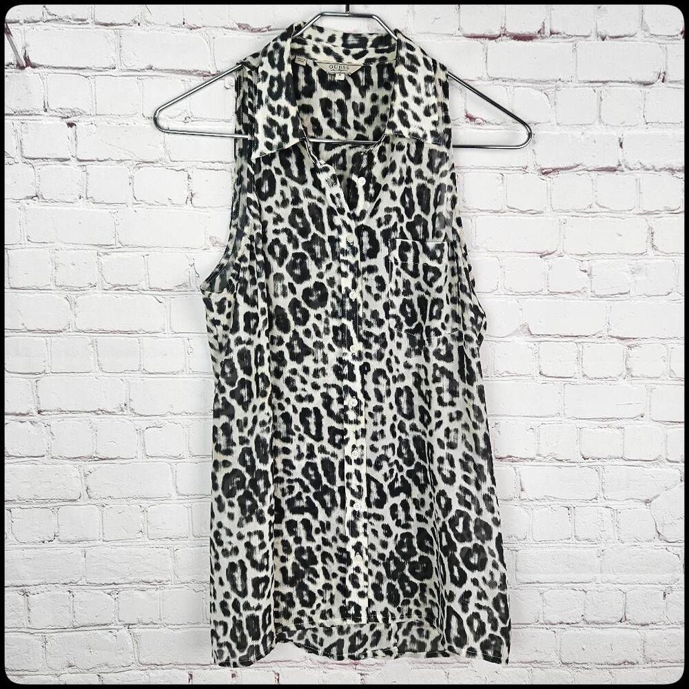 GUESS Leopard Animal Print Black White Sleeveless Semi-Sheer Career Dress Top Sm